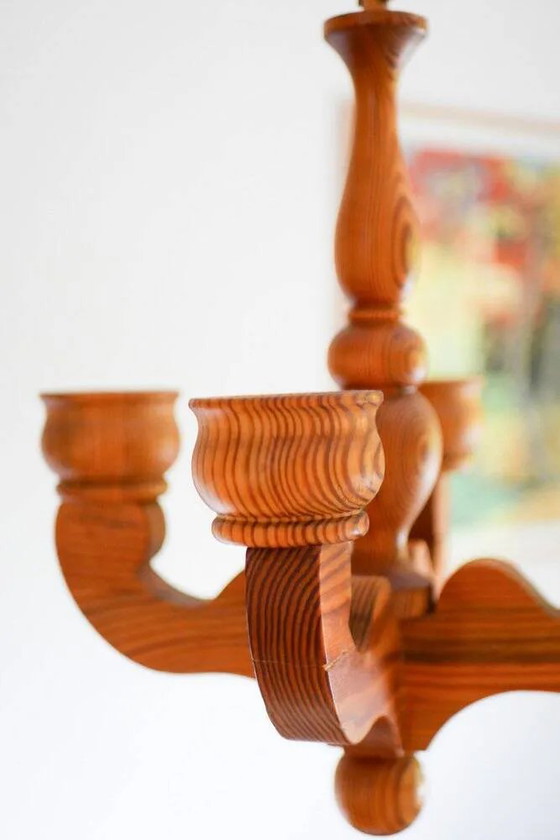 Image 1 of Bougeoir lustre suspendu rustique en bois de Smålandsslöjd, Suède, 1975