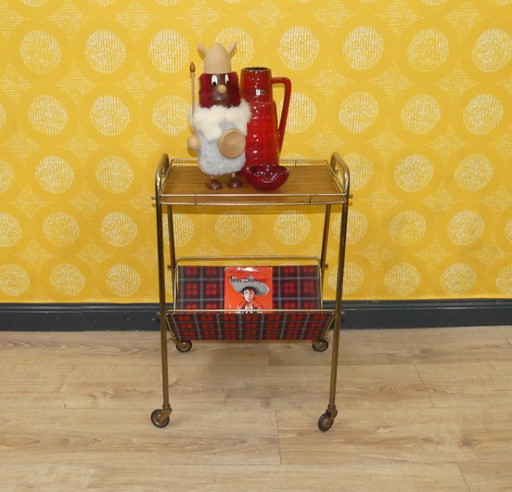 1960s newspaper rack, String Formica shelf, red checkered, side table on wheels, retro vintage