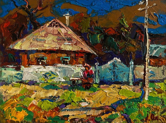 Image 1 of Original Oil Painting Summer Village Landscape Relaxing on a bench