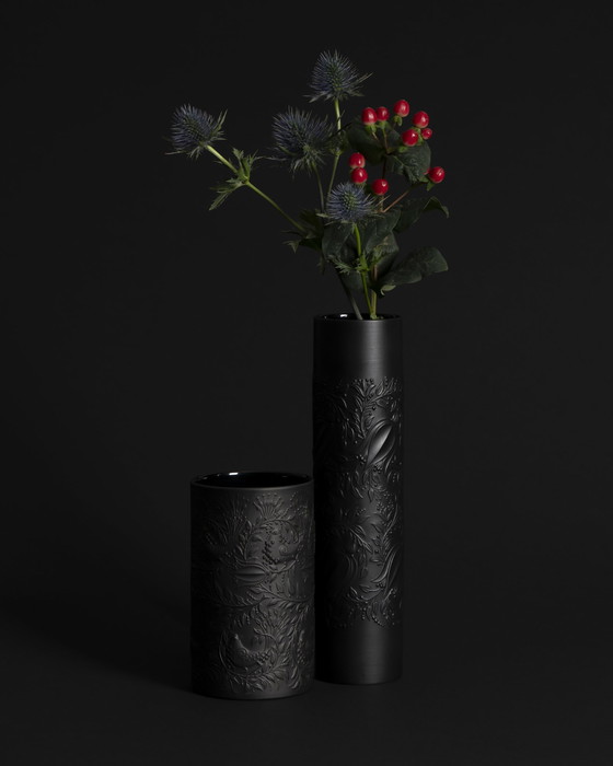 Image 1 of Rosenthal Vase Duo Bjørn Wiinblad Bisque Porcelaine Noire Matte Relief MCM WGP