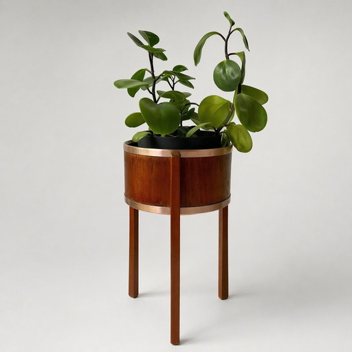 Porte-plante scandinave vintage en teck et cuivre, Suède, années 60