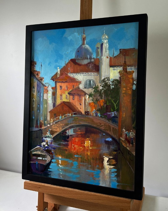 Image 1 of Original Oil Painting River Street Landscape Bridge connecting the city banks