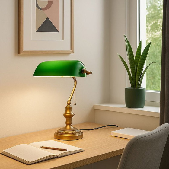 Nieuwe bankiers tafellamp van metaal en glas, retro vintage lampen. – Tafellampen, Metal (photo 7 of 8)