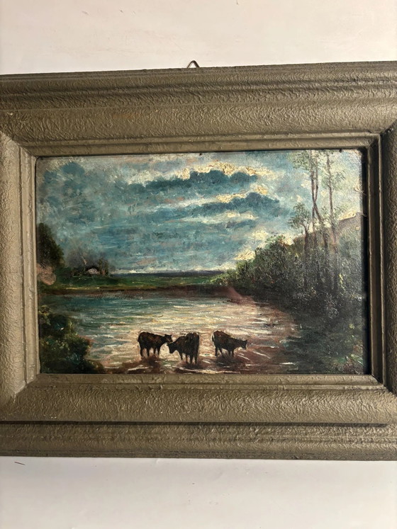 1950s Oil Painting on Board of Cows at Sunset, Paintings & Drawings (photo 5 of 10)