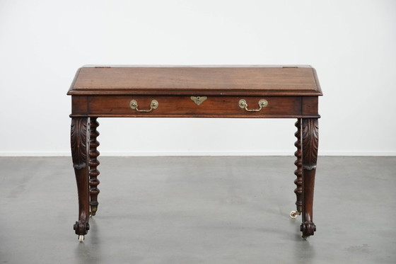 Image 1 of 19th century English antique oak wall desk/writing table on castors