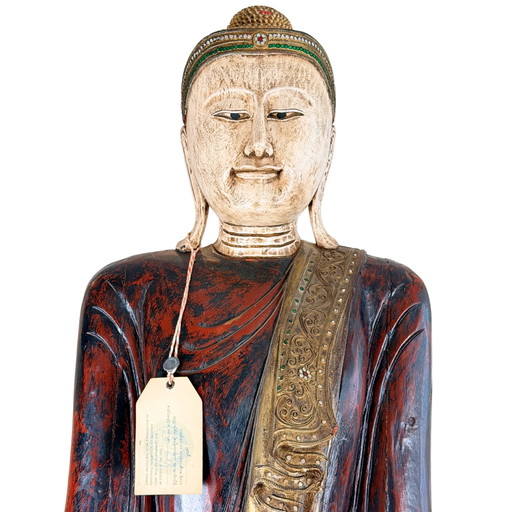 Boudha Mandalay birman monumental debout – Bois de teck et laque – XIXe siècle – Étiquette d'exportation 1988