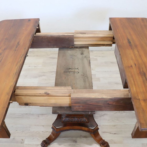 Image 1 of Table d'appoint ou table à thé ancienne en noyer, à un tiroir, extensible, Italie, XIXe siècle