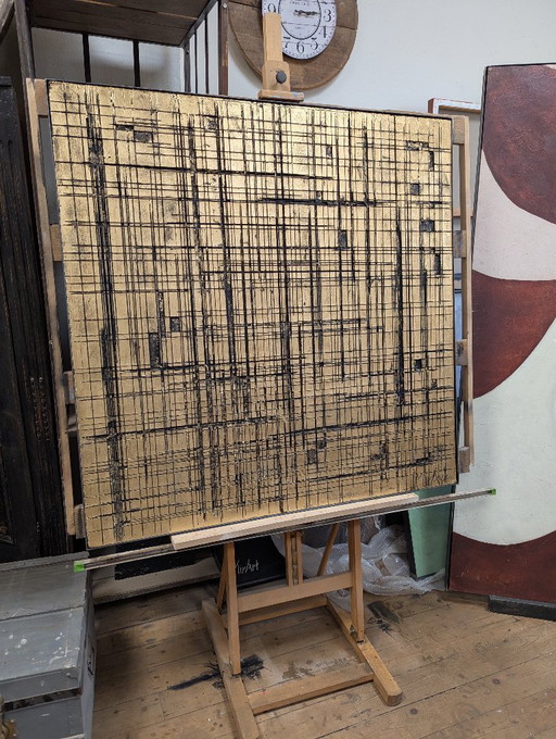 The Gold Factory – Monumental Wall Object with Line Play (121 × 121 × 4 cm)