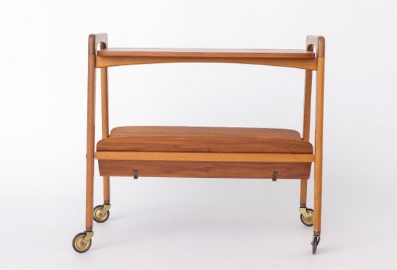 Image 1 of Vintage Bar Cart on Wheels, Mid Century Modern Trolley Table, 1960s German Tea Cart, Teak & Beech Wood
