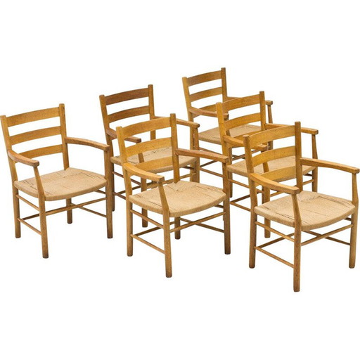 Set di 6 poltrone vintage danesi in quercia e corda di carta di Viggo Hardie-Fischer, Danimarca, anni '50