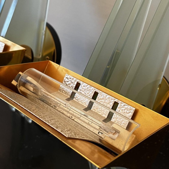 Hollywood Regency Wandlampen in vergulde messing voetstukken, 1970, Set van 2 – Metal, Glass, Art Deco (photo 7 of 15)