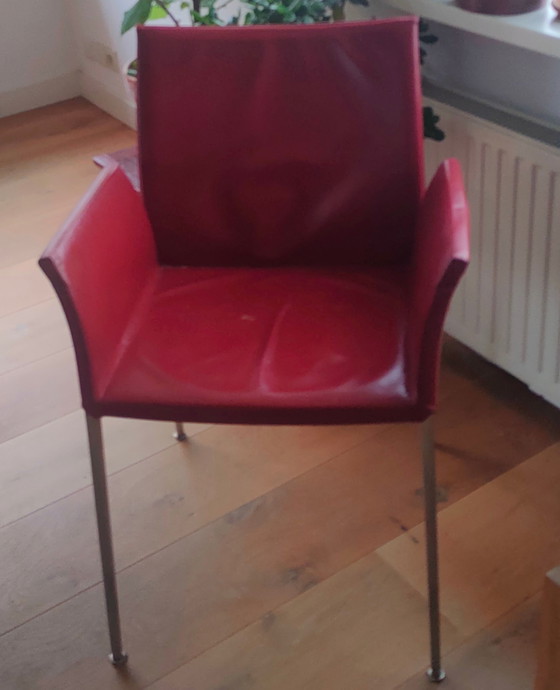 6x Zanotta Lia Chairs. 5 Without Armrests, 1 With Armrests, Dining chairs, Leather, Aluminium, Red (photo 4 of 5)