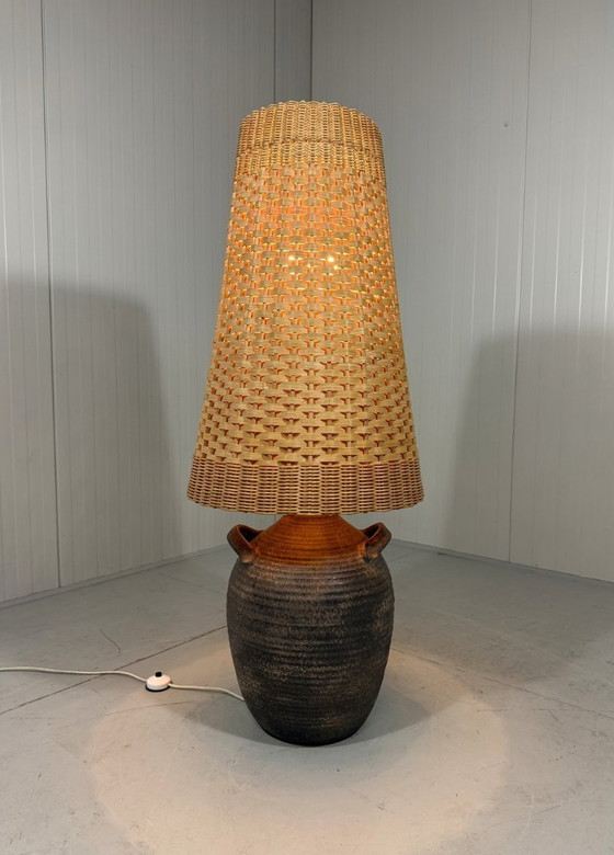 Image 1 of Large pottery floor lamp with rattan shade 1960's