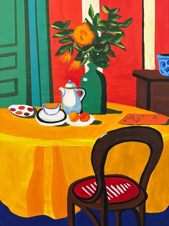 Image 1 of Pintura acrílica del artista E. García "El mantel amarillo" 100x70 cm