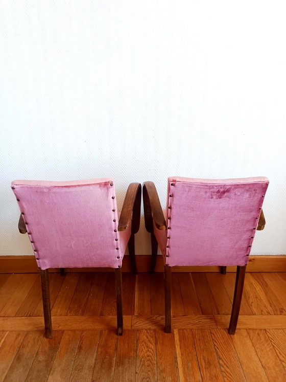 Image 1 of 2x Art Deco roze fluwelen fauteuils met snormotief
