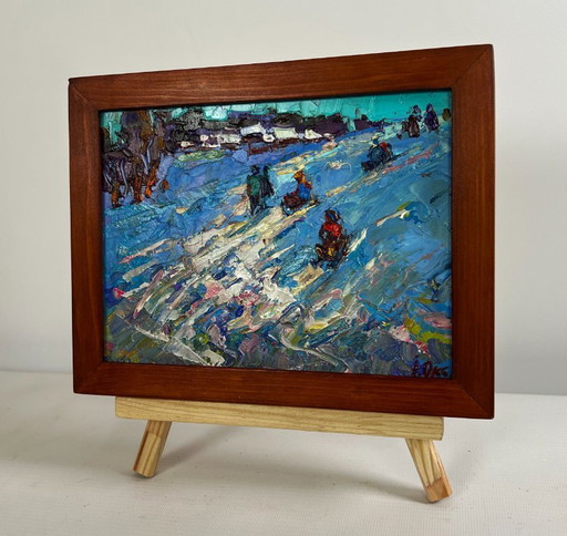 Original Oil Painting Frost Village Landscape Until the winter twilight