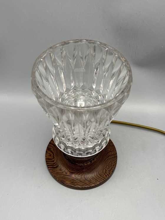 Image 1 of Mid-Century Table Lamp with Cut Glass Shade and Wooden Base – Vintage Design Lighting