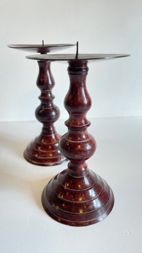 Image 1 of Vintage Patinated Metal Candlesticks