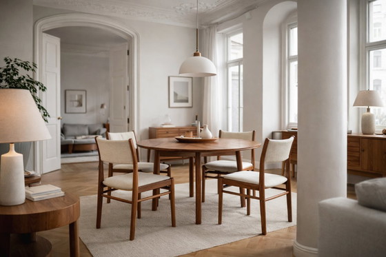 Image 1 of Chaises danoises vintage en teck et tissu beige, style moderne du milieu du siècle, années 1960, lot de 4