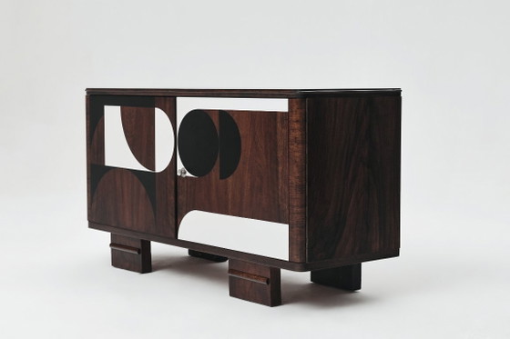 Buffet vintage des années 1950, style moderniste, en noyer, à motif géométrique Op Art. – Vaisseliers, Wood (photo 4 of 14)