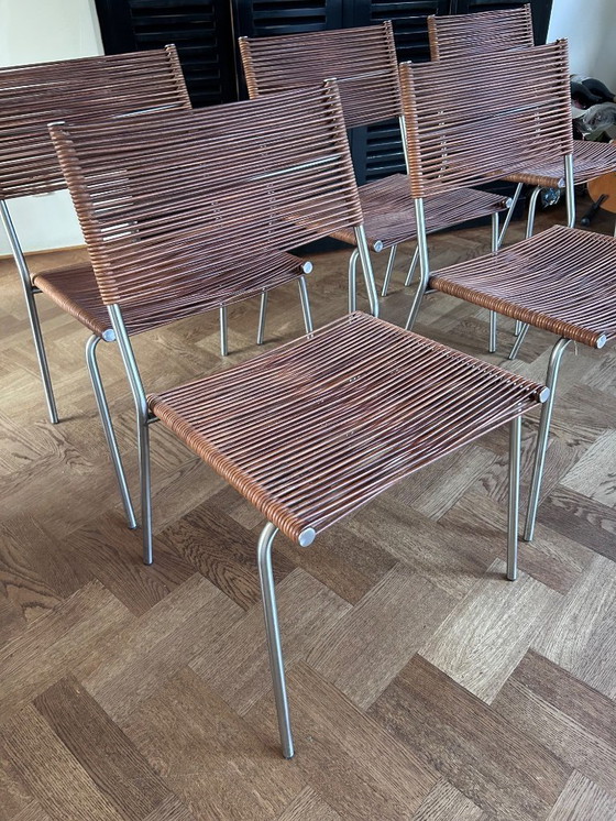 Image 1 of Conjunto de 6 sillas de diseño Bonacina Miss B en piel y acero inoxidable