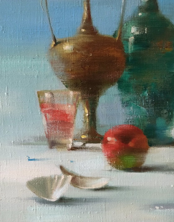 Originales Ölgemälde Abstraktes Flaschen-Früchte-Stillleben – Gemälde & Zeichnungen, Canvas (photo 10 of 12)