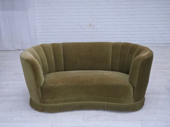Image 1 of 1960s, Danish 2-seater "Banana" sofa, original green furniture velour.