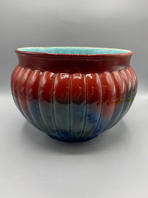 Sarreguemines Slipware Planter – Polychrome Red and Blue Glazes – servies, Ceramic, Art Nouveau (photo 2 of 11)