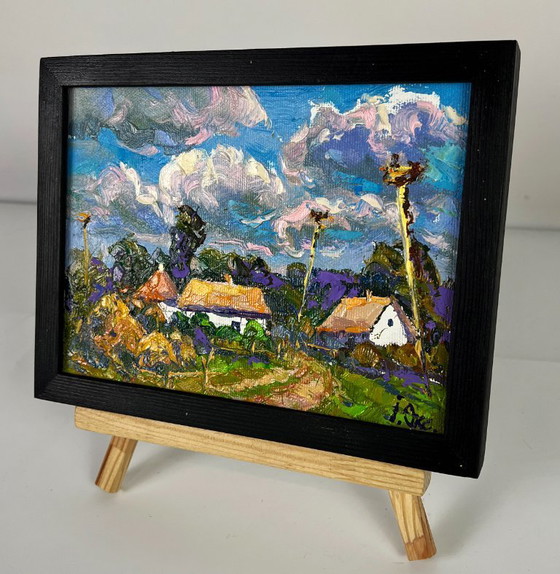 Image 1 of Peinture à l'huile originale Paysage rural Maison Rues de village d'été