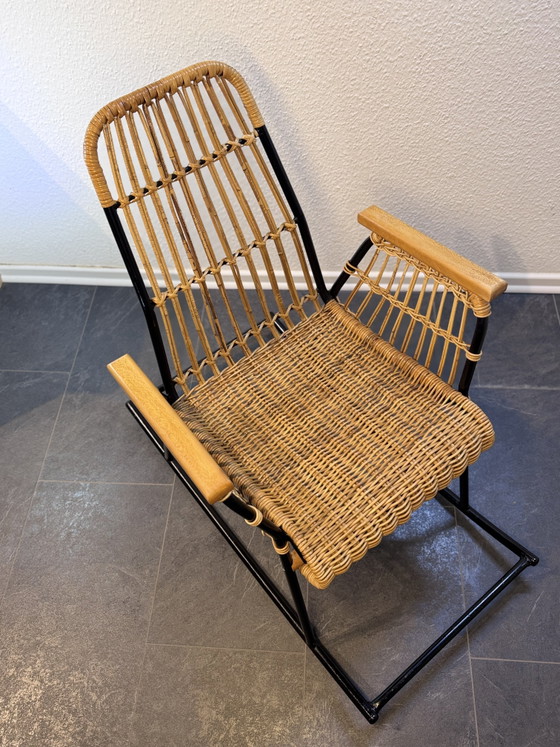 Rare Mid-Century Rattan Rocking Chair - Attributed to Alan Fuchs for ÚLUV, Czechoslovakia, 1960s – Metal (photo 5 of 13)