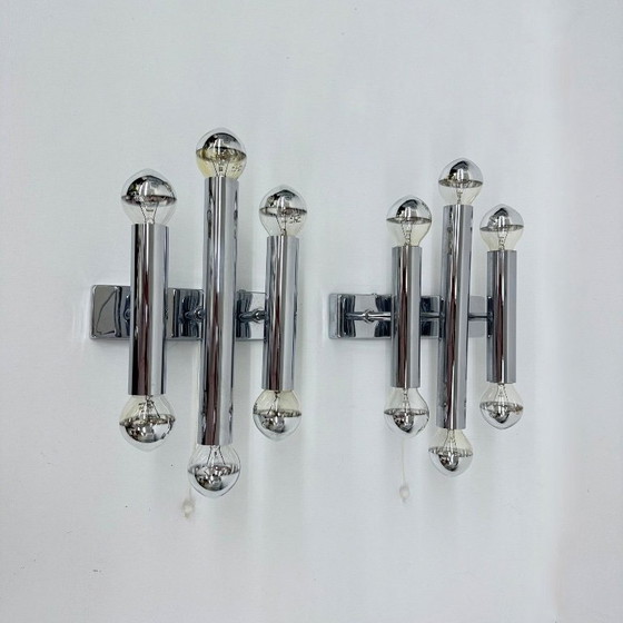 Image 1 of Paar Gaetano Sciolari Wandlampen Leuchter Chrom Rohr , 1970er Jahre