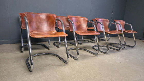 Image 1 of Vintage eetkamerstoelen van leer en chroom van Willy Rizzo, jaren 70 - set van 8