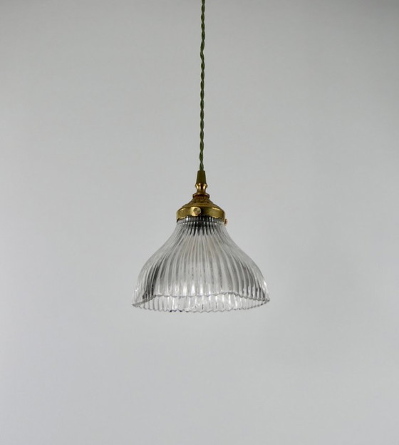 Image 1 of Vintage French Holophane Pendant Lamp Glass Ribbed