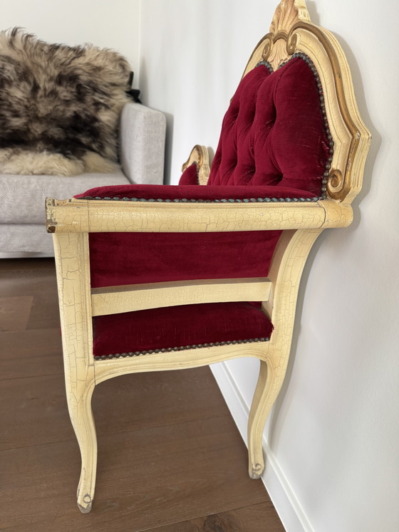 Image 1 of Antique Baroque Chaise Longue / Telephone Bench – Red Velvet & Wood