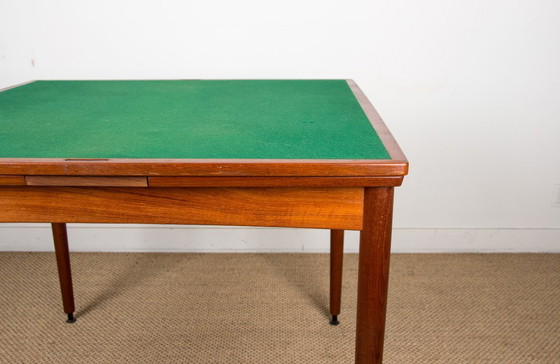 Image 1 of Table Danoise en Teck et Feutrine, extensible et réversible, pour repas ou jeux par Carlo Jensen pour Hundevad & Co 1958.