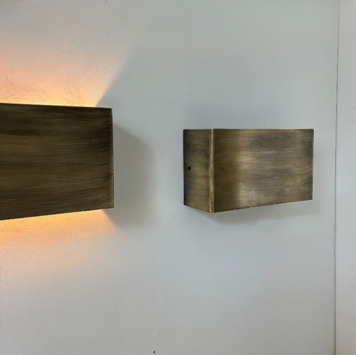 Pair of vintage wall lights, patinated brushed brass, France, 1970