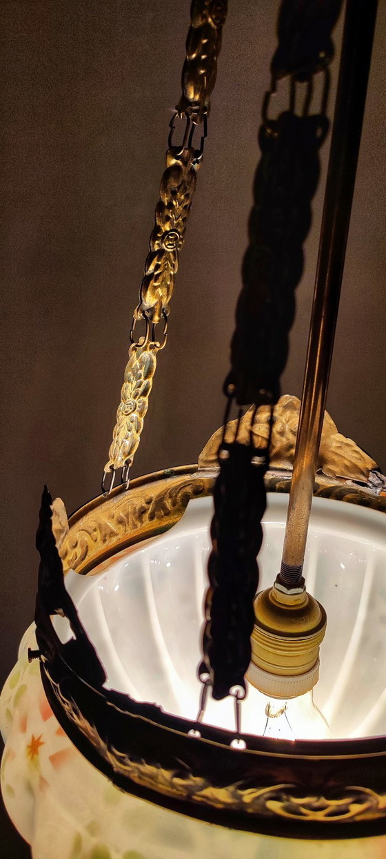 Image 1 of Art Nouveau plafondlamp van messing en glas. Spanje, jaren 1930.