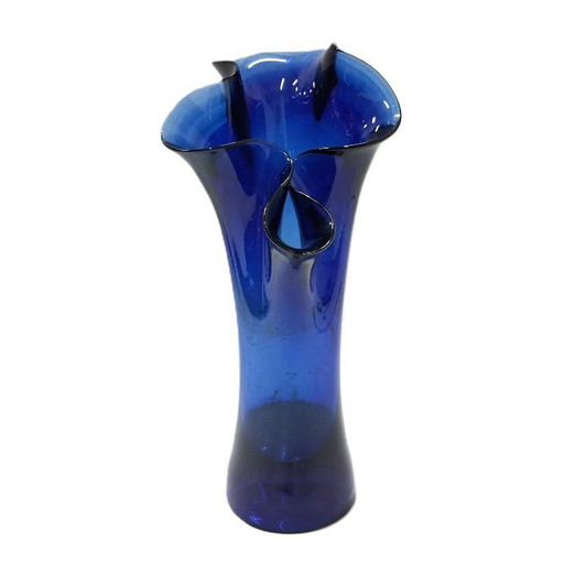 Vintage kobaltblauwe kunstglazen vaas – sculpturale elegantie | H25 cm