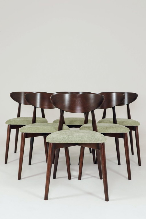 Moderne set van 6 eetkamerstoelen, Sage Farbic en donker walnoot beukenhout