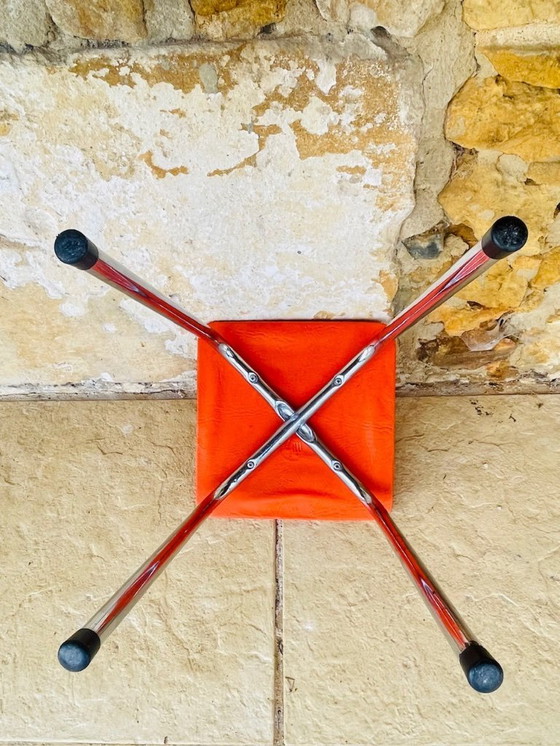 Image 1 of Mid-Century, Orange Skaï and Chrome Stool By J L 1970s