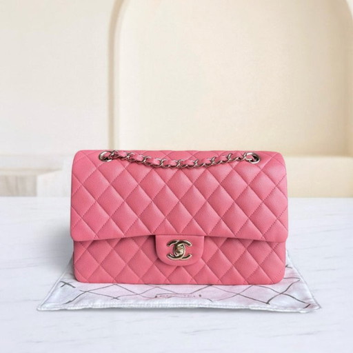 Borsa Chanel Classic Flap Medium - Caviar 25CM in pelle di vitello martellata trapuntata rosa con finiture dorate Serie 28