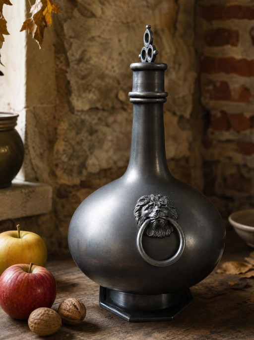 Decoratieve fles, tin, Italië, Peltro, versierd met een leeuwenkop, jaren 1960-1980