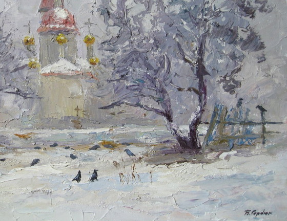 Dipinto a Olio Originale Paesaggio Invernale Tempio Ha Respirato Freddo – Dipinti e disegni, Canvas (photo 5 of 8)