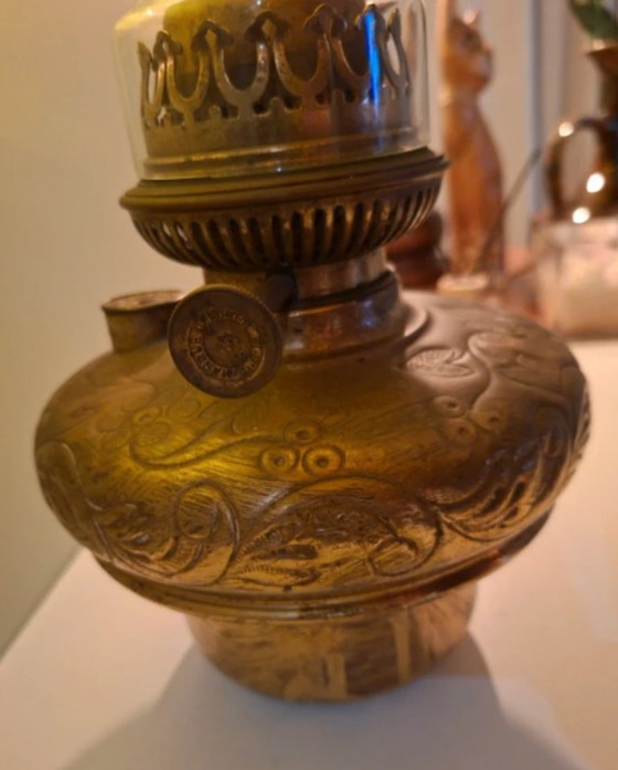Image 1 of Antike belgische Messinglampe L&B Lampe Belge | Jugendstil-Öllampe elektrisch | Jahrgang