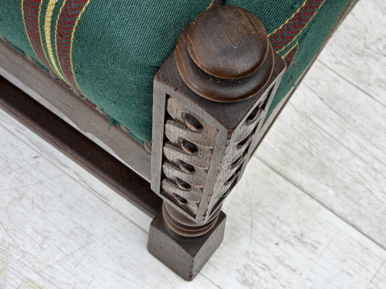 Image 1 of Anni '50, divano danese a 2 posti, lana per mobili verde, legno di quercia.