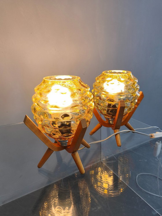 Image 1 of Pair Czech 1970s Wood and Yellow Glass Mid Century Table Lamps