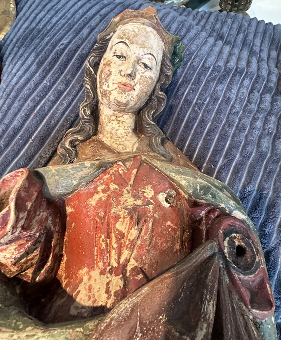 Image 1 of Statues d'église anciennes de style Riemenschneider, sculptures artisanales sur bois de Marie et Moïse