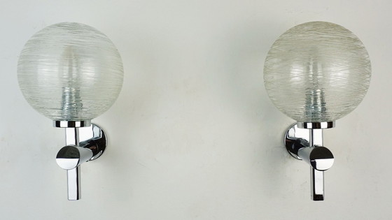 Image 1 of coppia di eleganti applique vintage in vetro strutturato e cromo anni '70 e '80