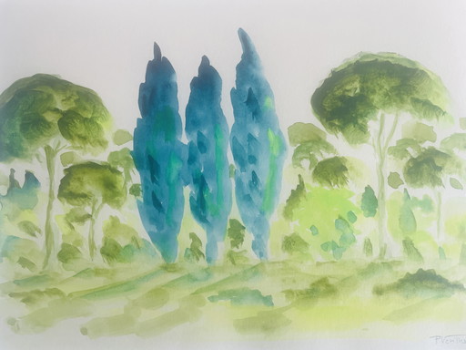 Watercolor signed cypress and pine forest in Provence