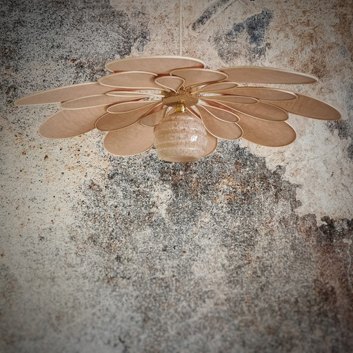 Old Pink Rattan and Linen Flower Hanging - Luminaires Artisanaux